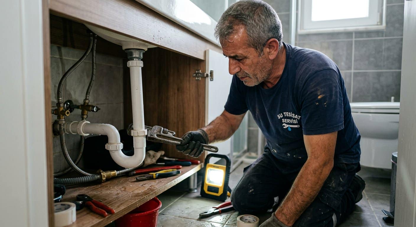 Lavabo altı PVC gider borusu tamir eden tesisatçı