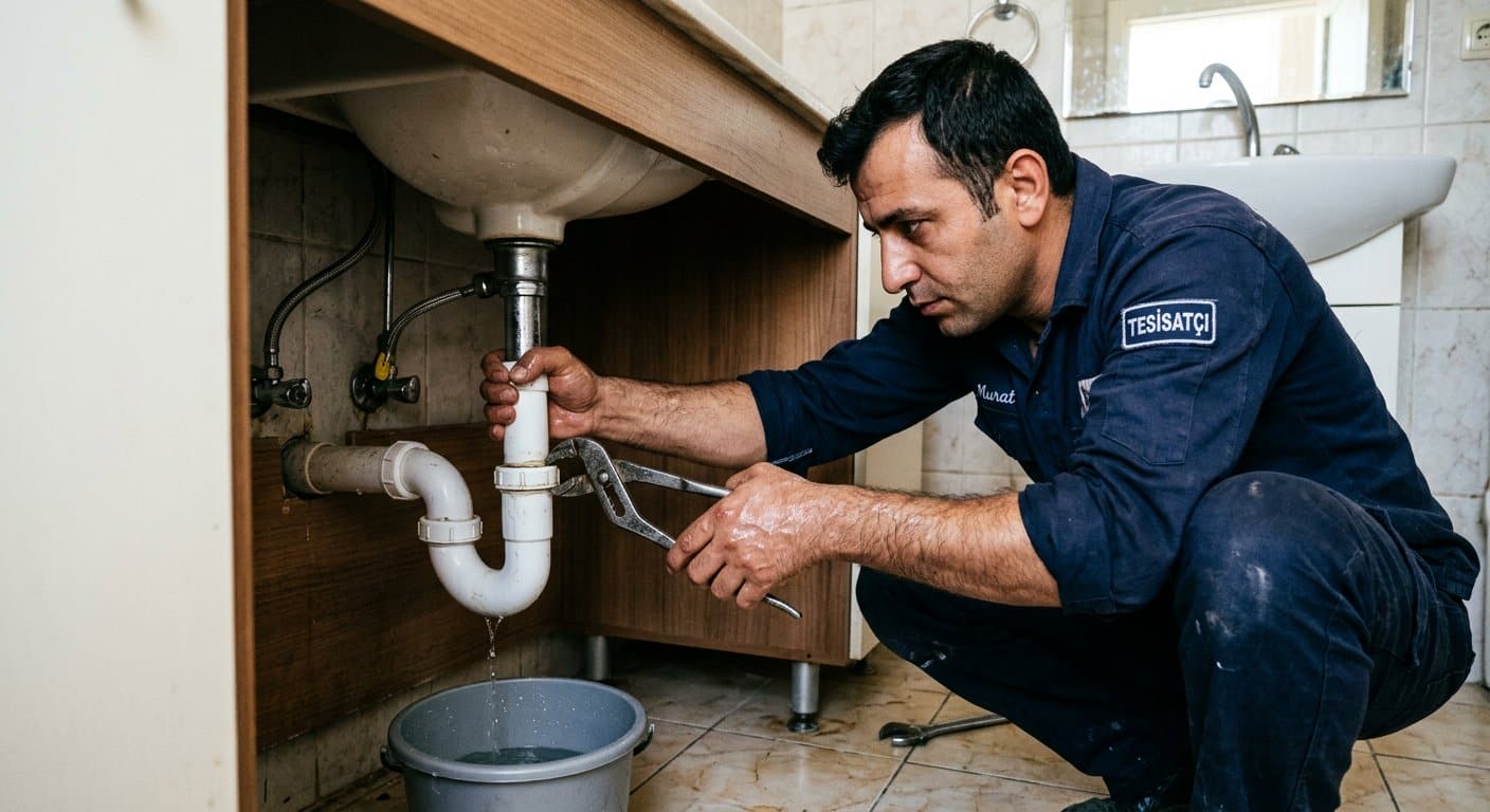 Lavabo altı tamiri yapan tesisatçı