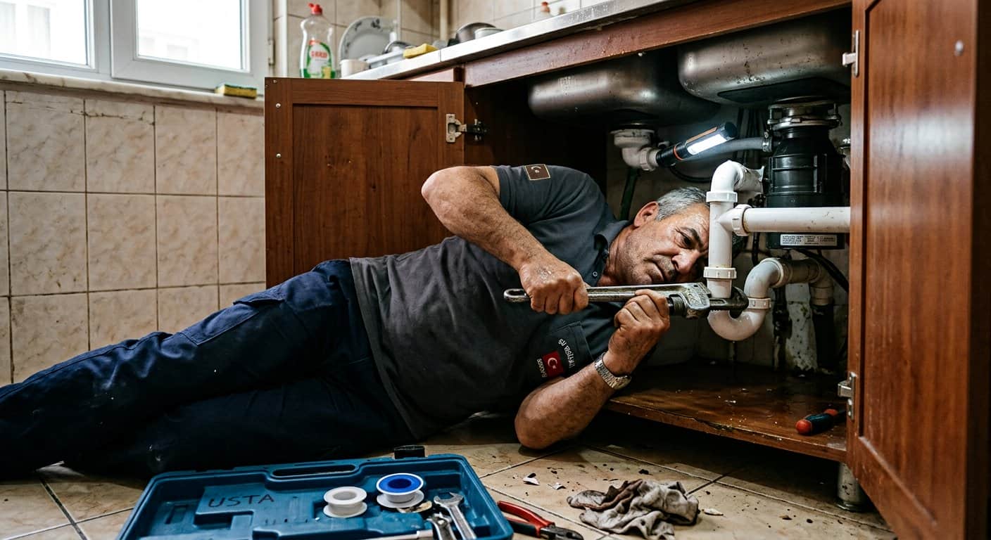 Lavabo altında boruları anahtarla sikan tesisatçı